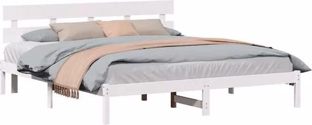 Berkfield Home White Solid Wood Pine Bed Frame with Headboard W/D/H: 200 x 200 x 80.5 cm
