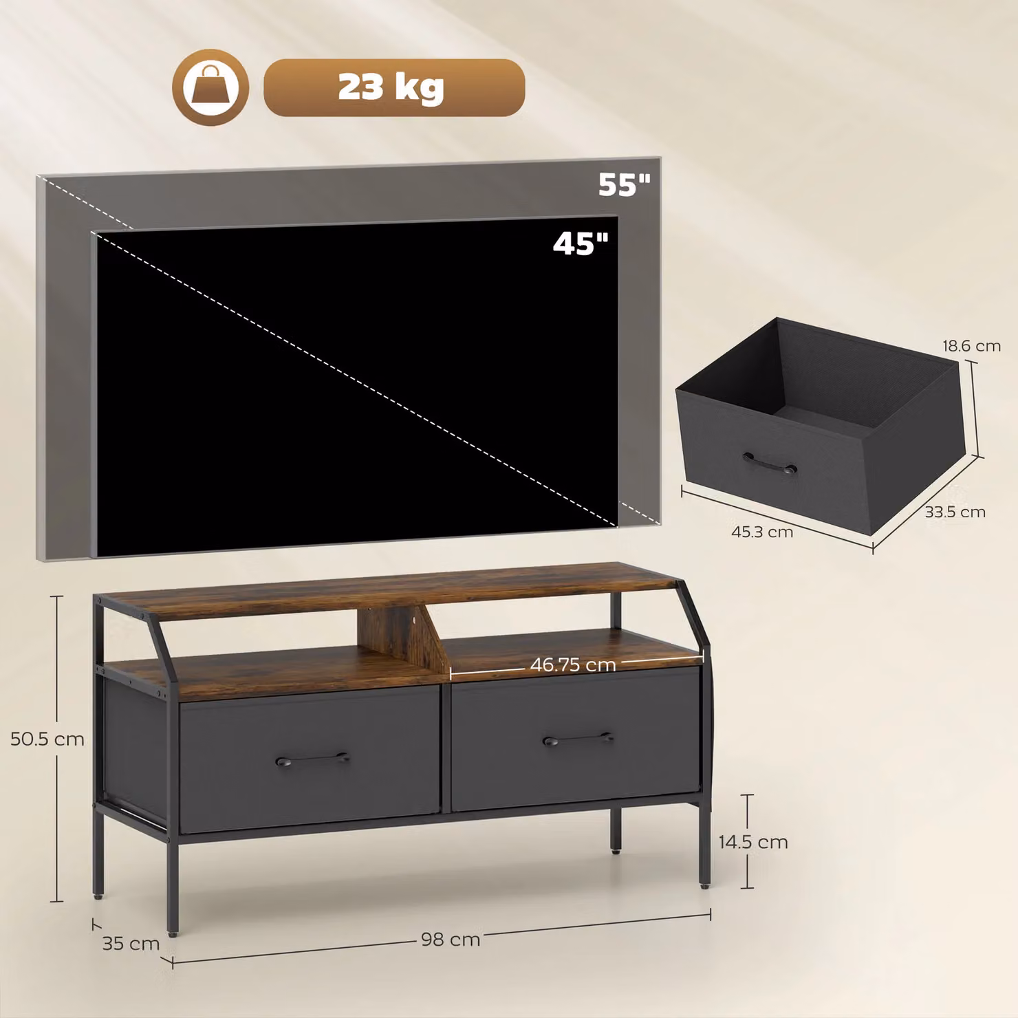 HOMCOM Rustic Brown TV Stand Cabinet with 2 Foldable Drawers, W: 90 cm, D: 35 cm – 3