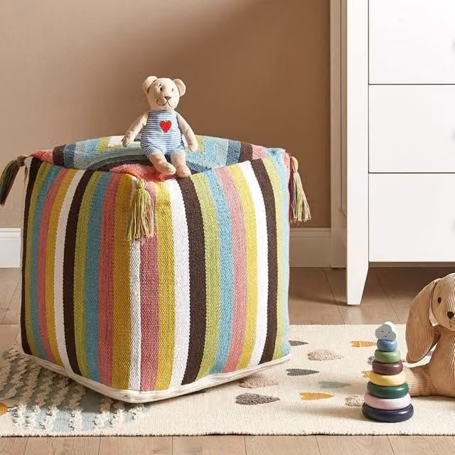 Wyld and Coco Handwoven Cotton Geometric Pattern Pouffe in Multicolour, W/D/H: 45 x 45 x 45 cm