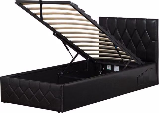 Modernique Black Faux Leather Ottoman Storage Bed with USB Charging Port, H 157.5 x W 180 cm, D 210 cm
