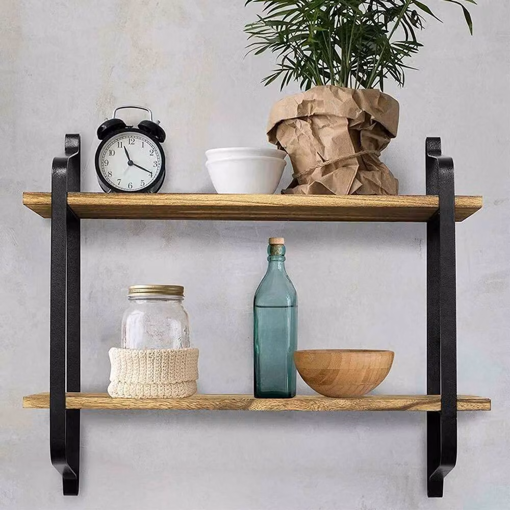 KORVIXA 2 Tier Industrial Metal and Wood Wall Mounted Floating Shelf in Brown and Black, Width: 100 cm – 2