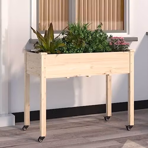 vidaXL Wheeled Planter with Liner in Brown Solid Wood Fir, W: 118 cm, D: 59 cm, H: 80 cm – 2