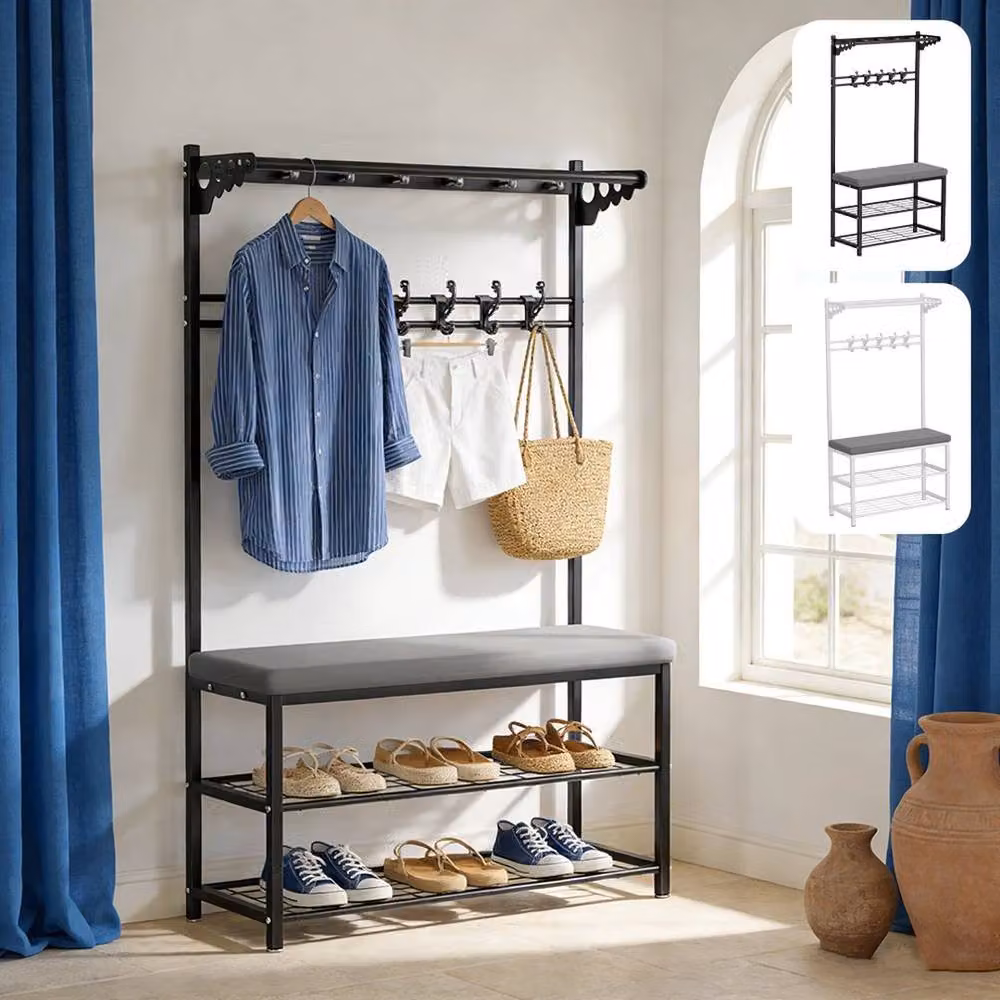 EONLION Black and Grey Hall Tree with Shoe Bench and Coat Rack Organiser – 4
