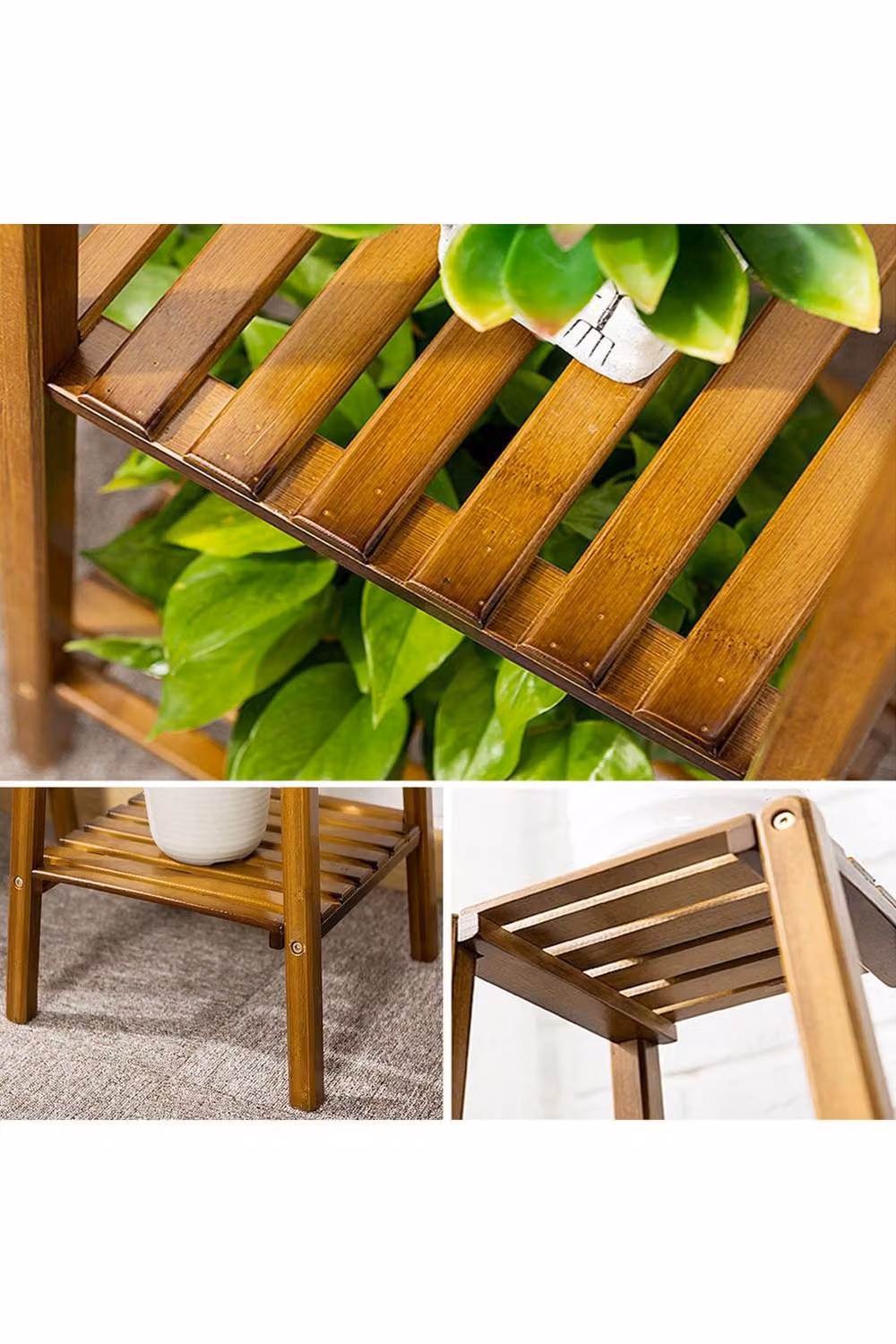 Garden Sanctuary Vintage Tiered Indoor Plant Stand, Solid Wood Display Shelf in Brown – 3