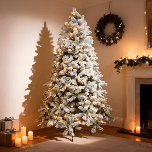 Shatchi 1.8m Pre-Lit Yukon Snow Pine Artificial Christmas Tree in Green and White with 260 Warm White LEDs and Metal Stand, H: 180 cm, W: 100 cm, D: 100 cm – 7