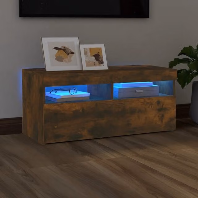 Berkfield Home Modern TV Cabinet with LED Lights in Smoked Oak Brown, W/D/H: 90 x 35 x 40 cm – 1