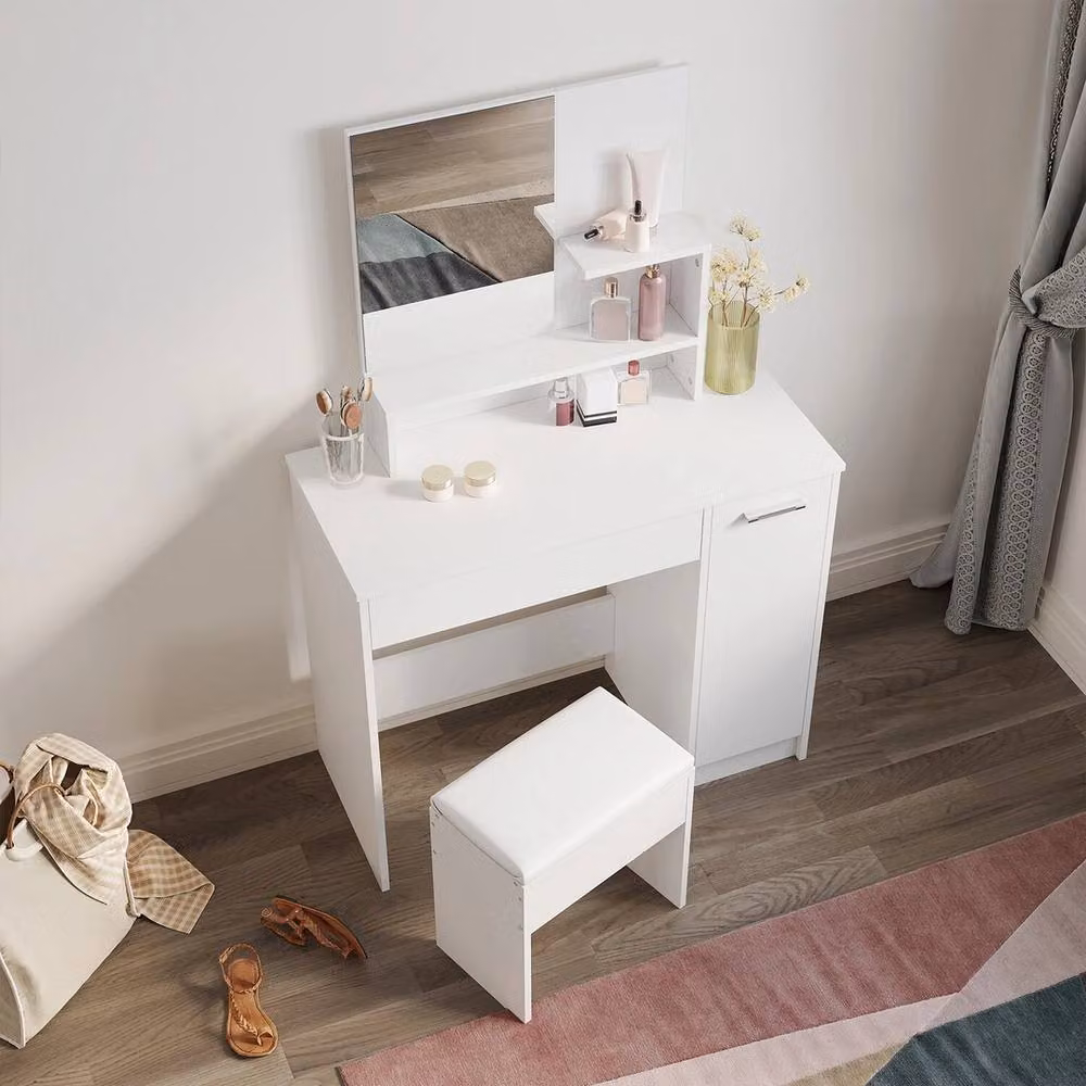ERGOVEXA Dressing Table with Mirror, Drawer and Stool in White – 2