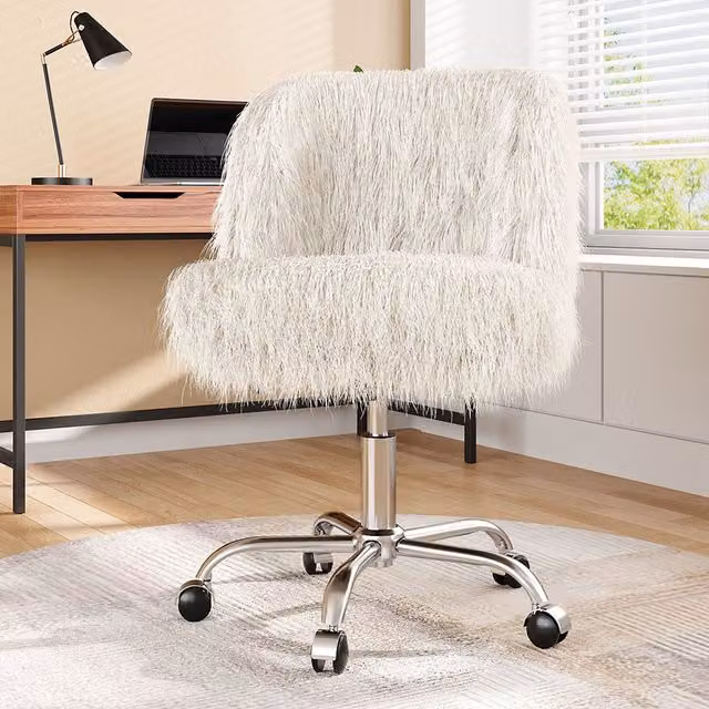 Livingandhome Modern Faux Fur Swivel Task Chair in White with Silver Metal Base