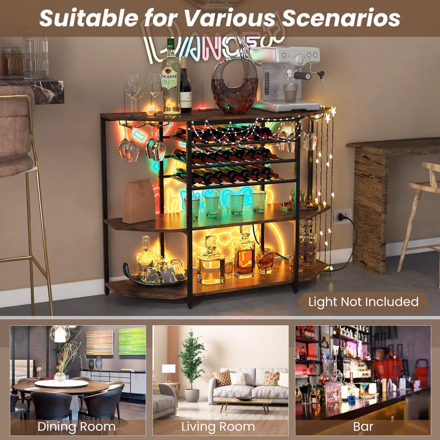 Costway 3 Tier Industrial Wine Bar Cabinet with Storage Shelves and Glass Holder in Brown – 3