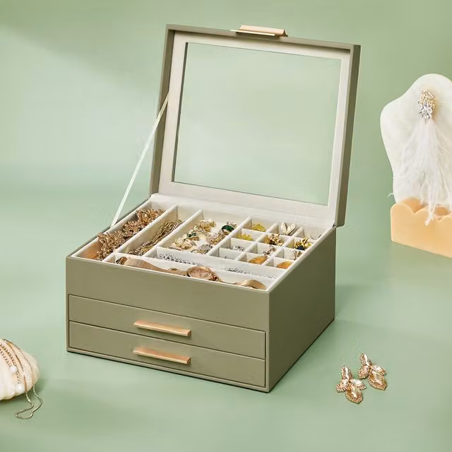 SONGMICS 3-Layer Jewellery Organiser Box with Lid and 2 Drawers, Green