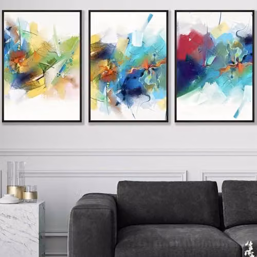 ARTZE Set of 3 Abstract Fractal Wall Art Paper Posters in Pink, Blue and Yellow, W: 59 cm, H: 84 cm