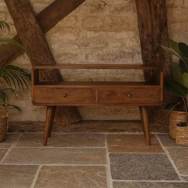 Wyld Haus Ostuni Low Curved Mango Wood TV Unit with 2 Drawers and Shelf in Brown