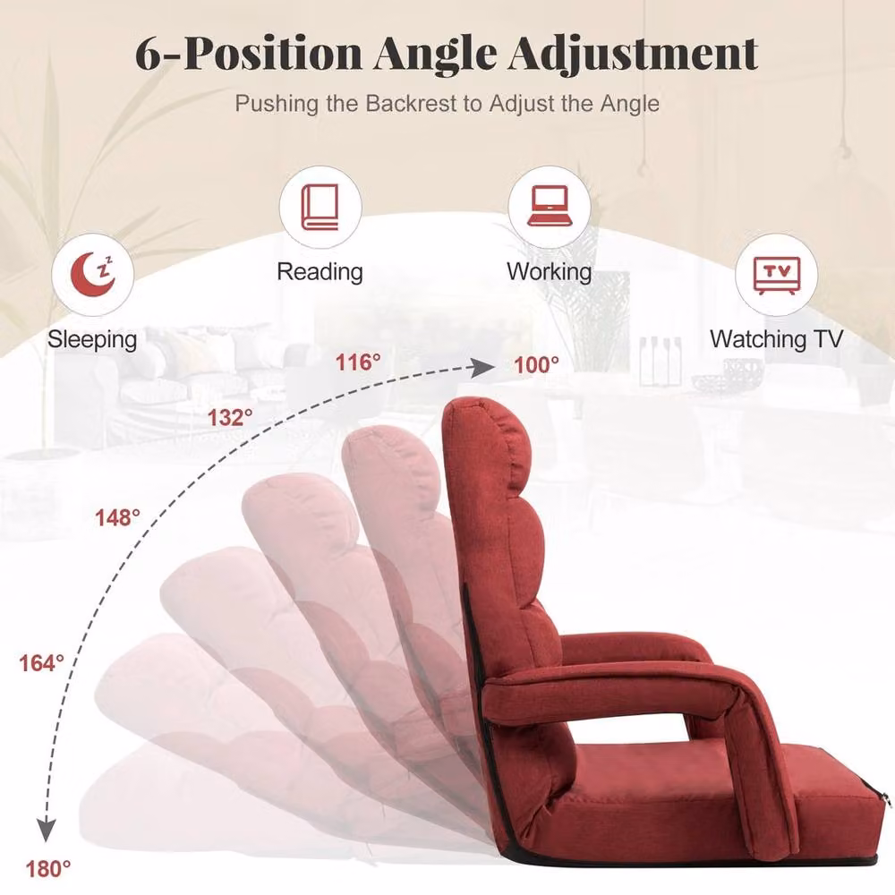 Havendro Red 6-Level Adjustable Folding Lazy Chaise Lounge Sofa Chair with Armrests and Metal Frame – 4