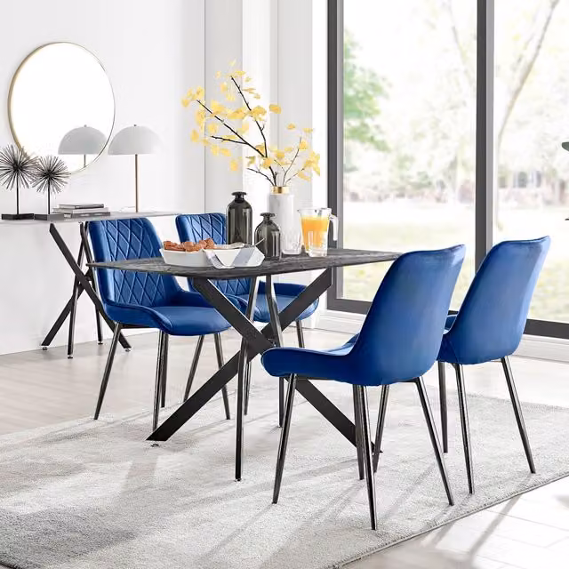 FurnitureboxUK Leonardo Grey Glass Marble Effect Rectangular Dining Table and 4 Pesaro Black Leg Chairs in Navy