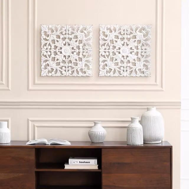 MH London Bianci Medallion Hand Carved Floral Wood Wall Plaque in White and Brown