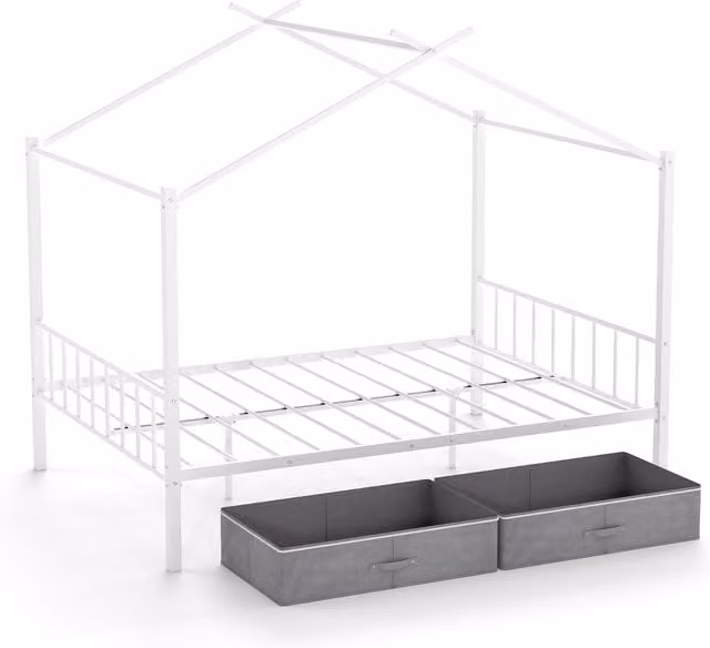 Costway Double Size House Bed with 2 Drawers, Heavy-Duty Metal Platform Bed in White, W/D/H: 140 x 200 cm – 1