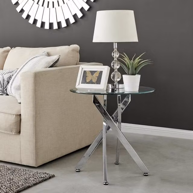 FurnitureboxUK Novara Round Tempered Glass Side Table with Silver Metal X-Frame Legs