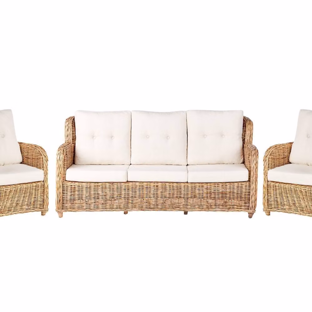 Wyld and Coco Natural Rattan Garden Conversation Set with 3 Seater Sofa and 2 Armchairs in White and Beige – 2