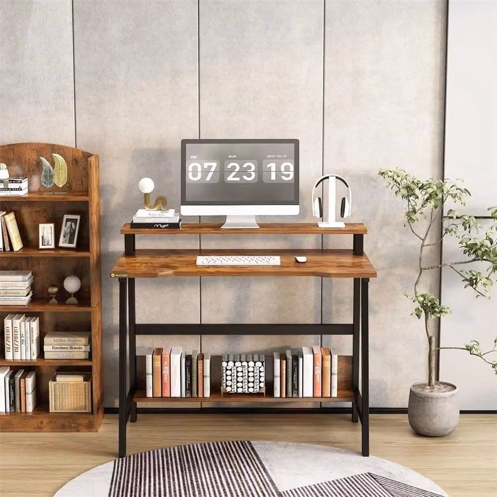 Nordara Brown Writing Desk with Monitor and Laptop Shelf – 3