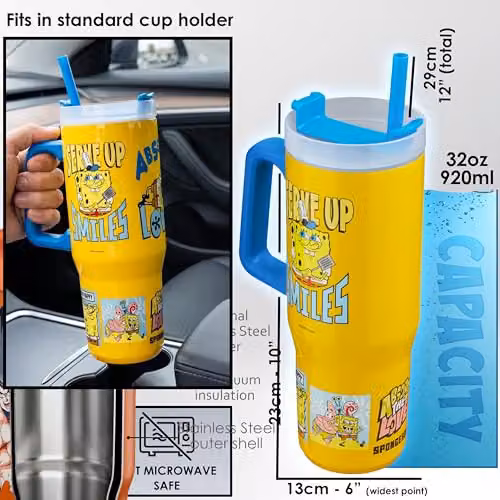 Get Trend SpongeBob SquarePants Insulated Stainless Steel Tumbler with Straw and Handle, Yellow, 920ml – 5