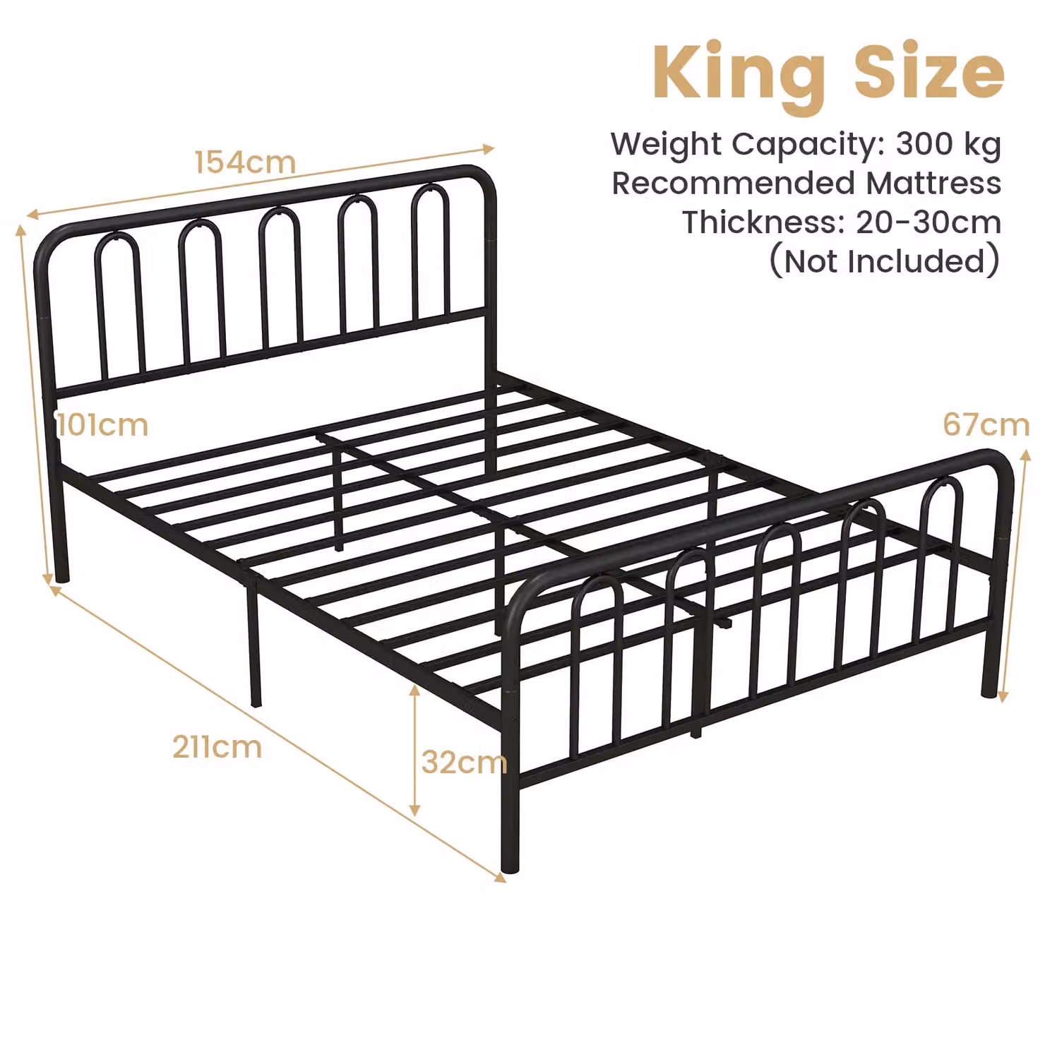 Costway King Size Metal Bed Frame with Headboard and Slatted Platform Support in Black, 180 x 200 cm – 2