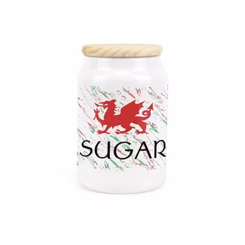 Purely Home Welsh Dragon Ceramic Sugar Storage Canister with Wooden Lid, Green, Red and White, 600ml, H 14.5 cm x W 9.5 cm