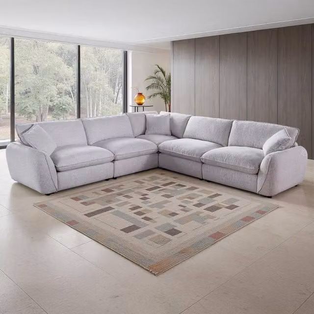 Furnishings For Less UK Berti Beige Fabric Modern L-Shaped 5 Seater Corner Sofa with Removable Covers and Scatter Cushions