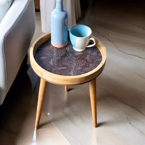 Hartsmede Mango Wood Round Side Table with Bronze Embossed Metal Top and Detachable Legs