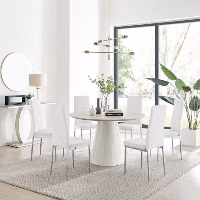 FurnitureboxUK Palma Beige Stone Effect Round Dining Table and 6 Milan Chrome Leg Chairs in White