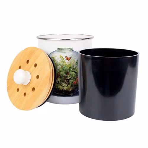 Purely Home Plant Terrarium Food Waste Caddy, Metal Decorative Kitchen Compost Bin with Removable Inner Bucket and Odour Filter, Green and White, 2L – 2