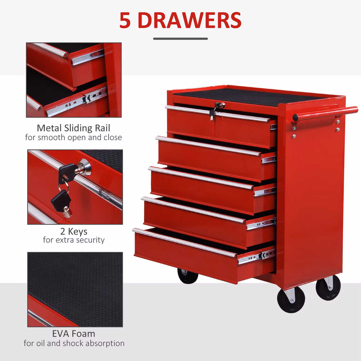HOMCOM Red Steel 5 Drawer Lockable Tool Box on Wheels with Side Handle – 4