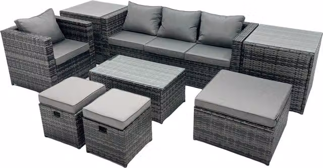 Fimous Modern Outdoor Coffee Table Sofa Set in Dark Grey with 3 Seater Sofa, Lounge Armchair, Coffee Table, and Matching Ottomans – 1