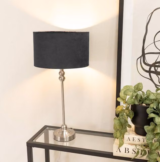 ValueLights Maggie Brushed Chrome Candlestick Table Lamp with Black Velvet Drum Shade