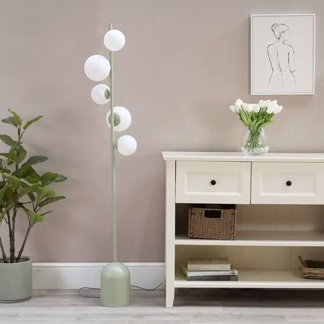 ValueLights Marlow 5 Way Art Deco Floor Lamp in Green and Grey with Glass Spheres