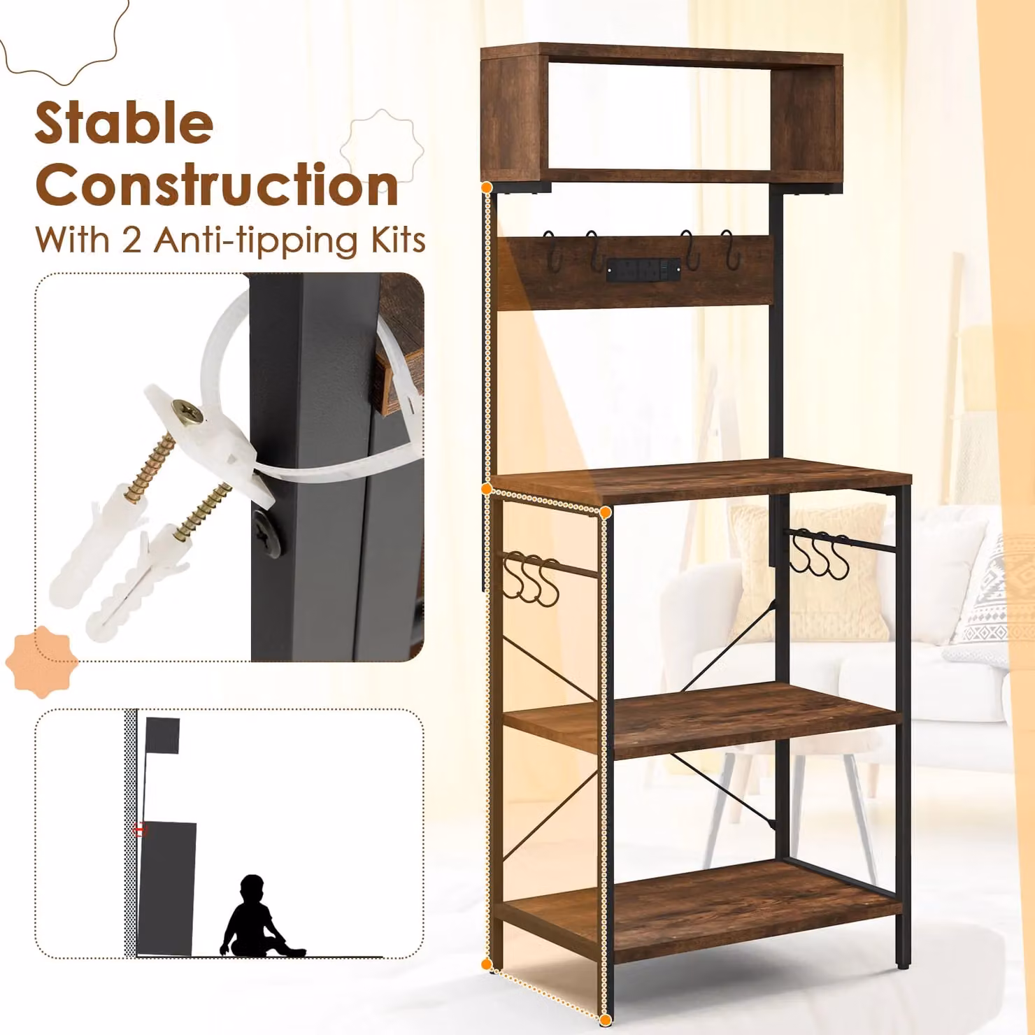 Costway Kitchen Bakers Rack Microwave Stand with Power Outlet in Brown, Height: 153 cm – 6