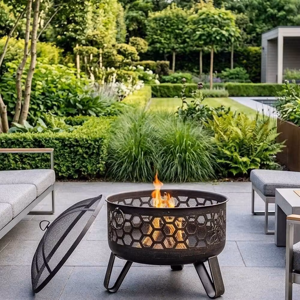 Garden Greatness Miel Contemporary Honeycomb Design Steel Deepbowl Firepit in Black and Gold, W/D/H: 61.5 x 61.5 x 61.5 cm – 2