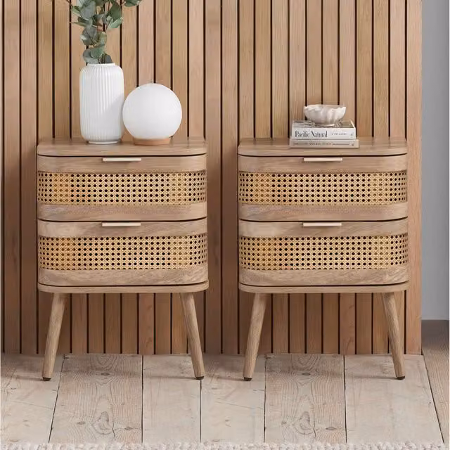 Birlea Sark Pair of Rattan Bedside Cabinets with 2 Drawers in Oak and Beige