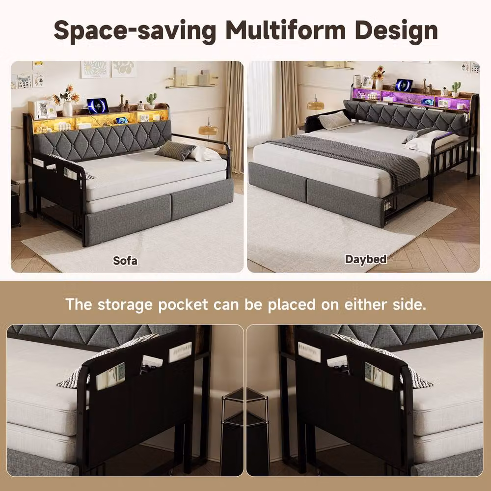 ModernLuxe Grey Upholstered Single Daybed with Pull Out Trundle, Storage Drawers and LED Headboard with USB Charging Port – 4