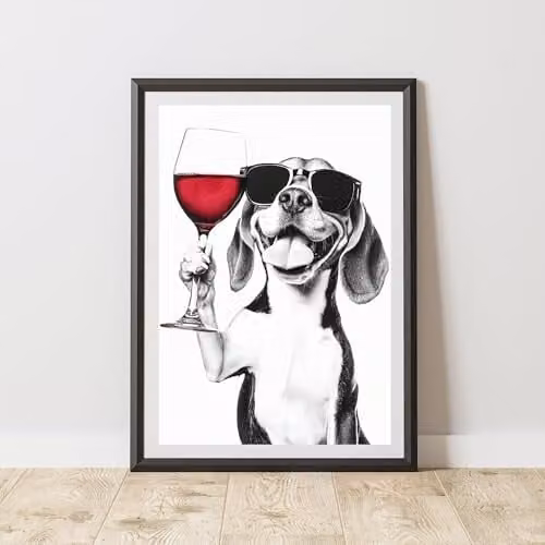 60 Second Makeover Funny Beagle Drinking Wine Paper Poster, Black and White, A4