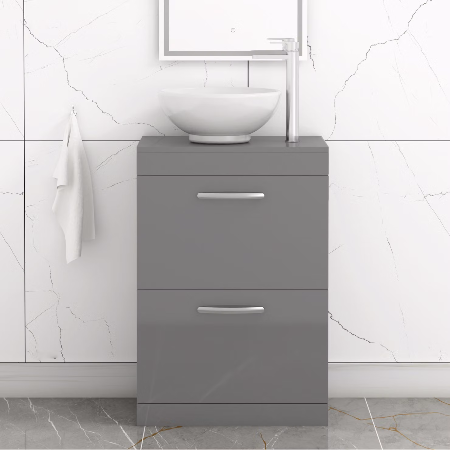 Royal Bathrooms Indigo Grey Gloss 2 Drawer Free Standing Bathroom Vanity Unit with Sink and Breeze Countertop Basin