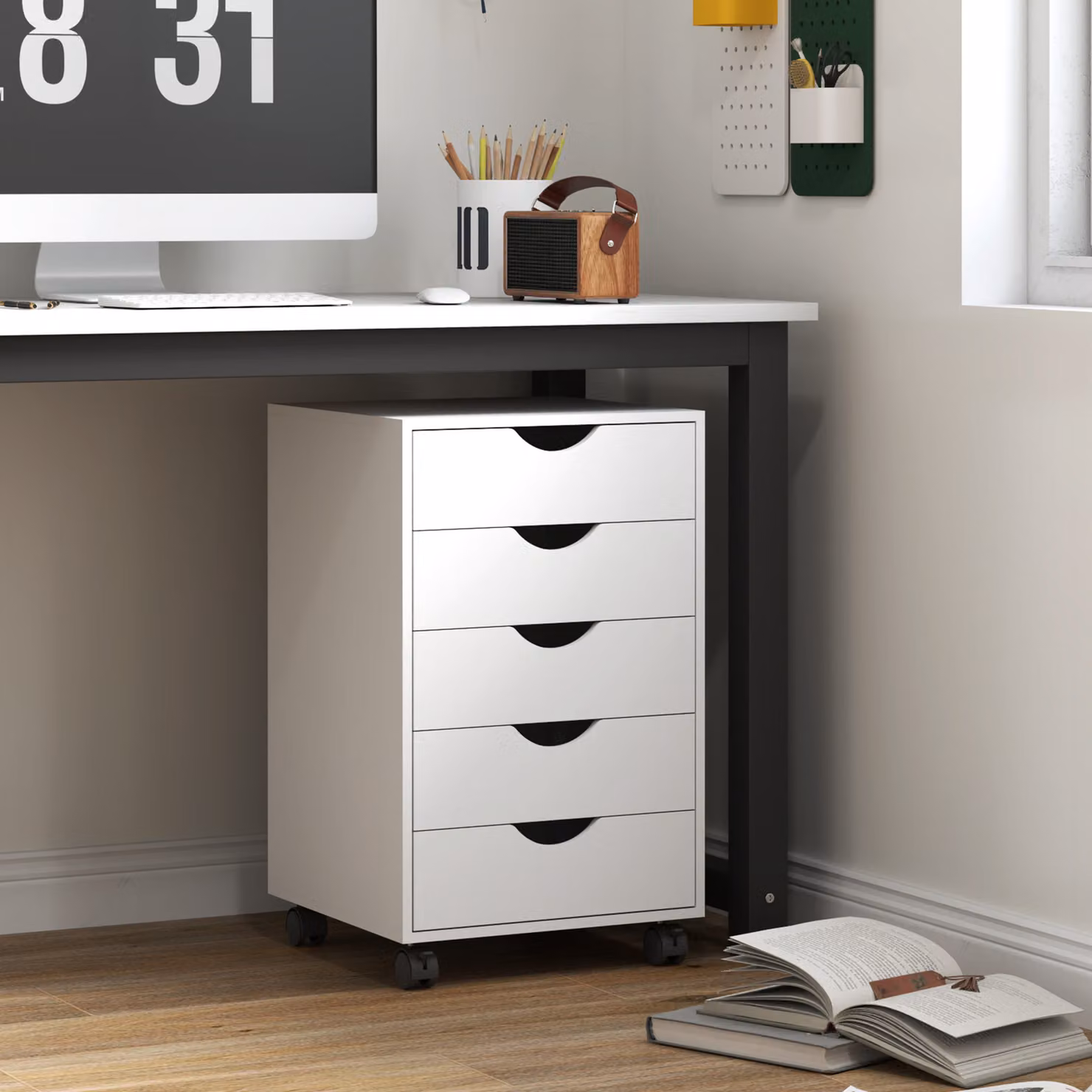 HOMCOM 5 Drawer Mobile Filing Cabinet, Modern White Vertical Office Storage Organizer with Castors – 2