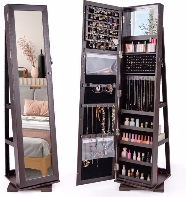 COSTWAY Rotating Mirrored Jewelry Cabinet in Brown