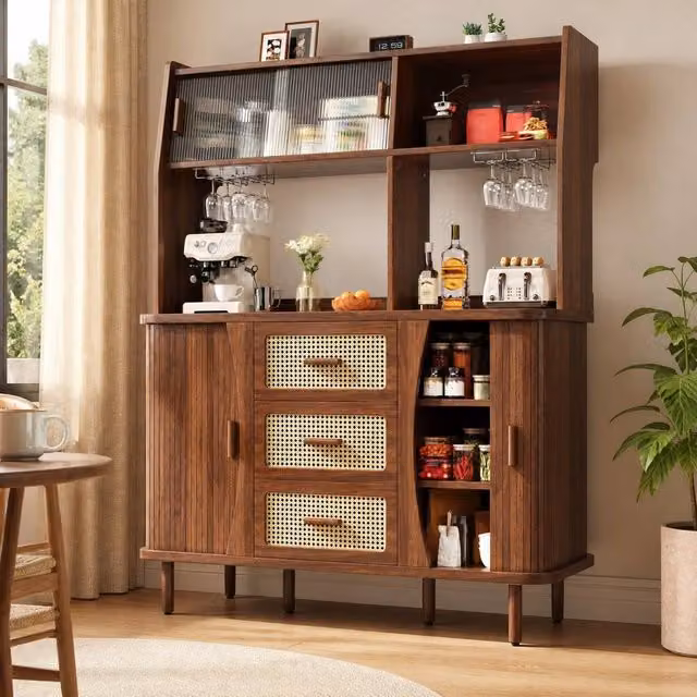 STILVORA Walnut Sideboard with Glass Sliding Doors in Brown
