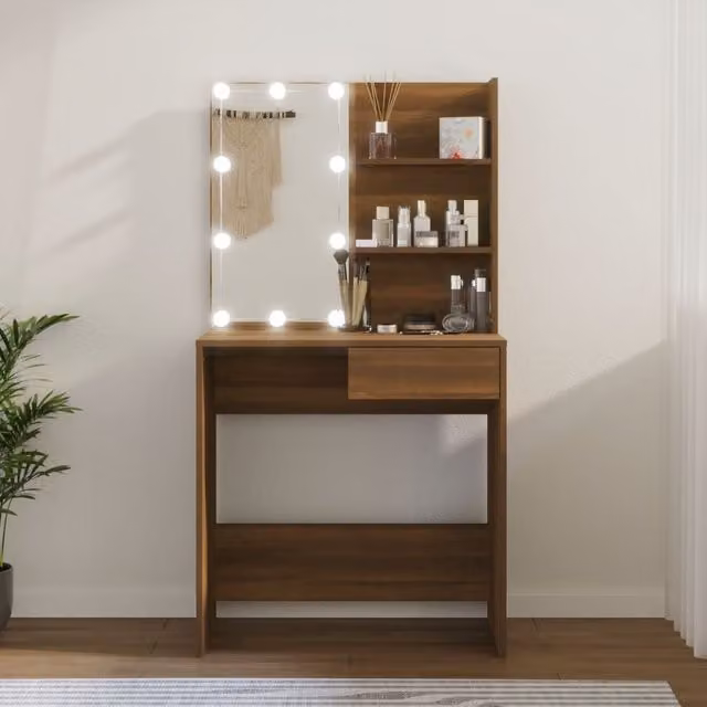 Berkfield Home Modern LED Dressing Table in Brown Oak, W: 74.5 cm, D: 40 cm, H: 141 cm – 1