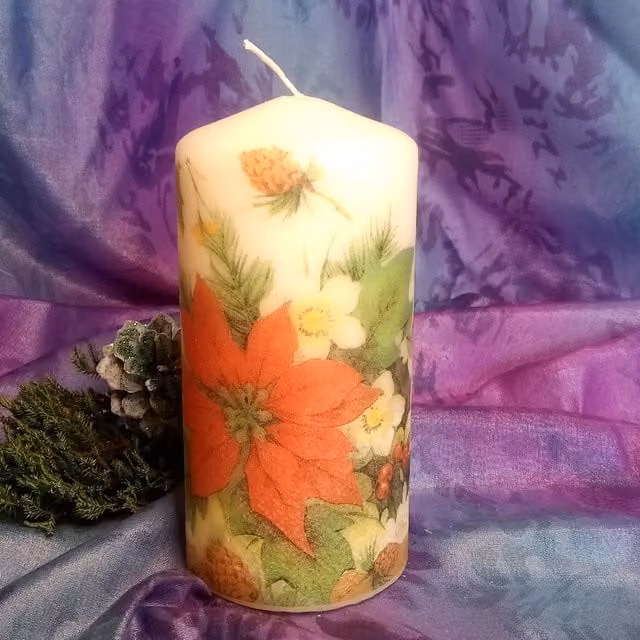 Viki White Poinsettia Christmas Pillar Tabletop Candle
