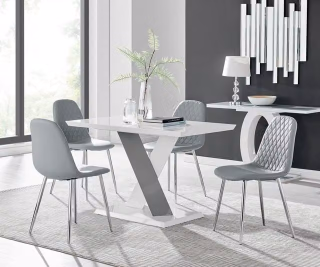 Furniturebox Monza White High Gloss Rectangular Dining Table with 4 Corona Silver Chairs in Grey
