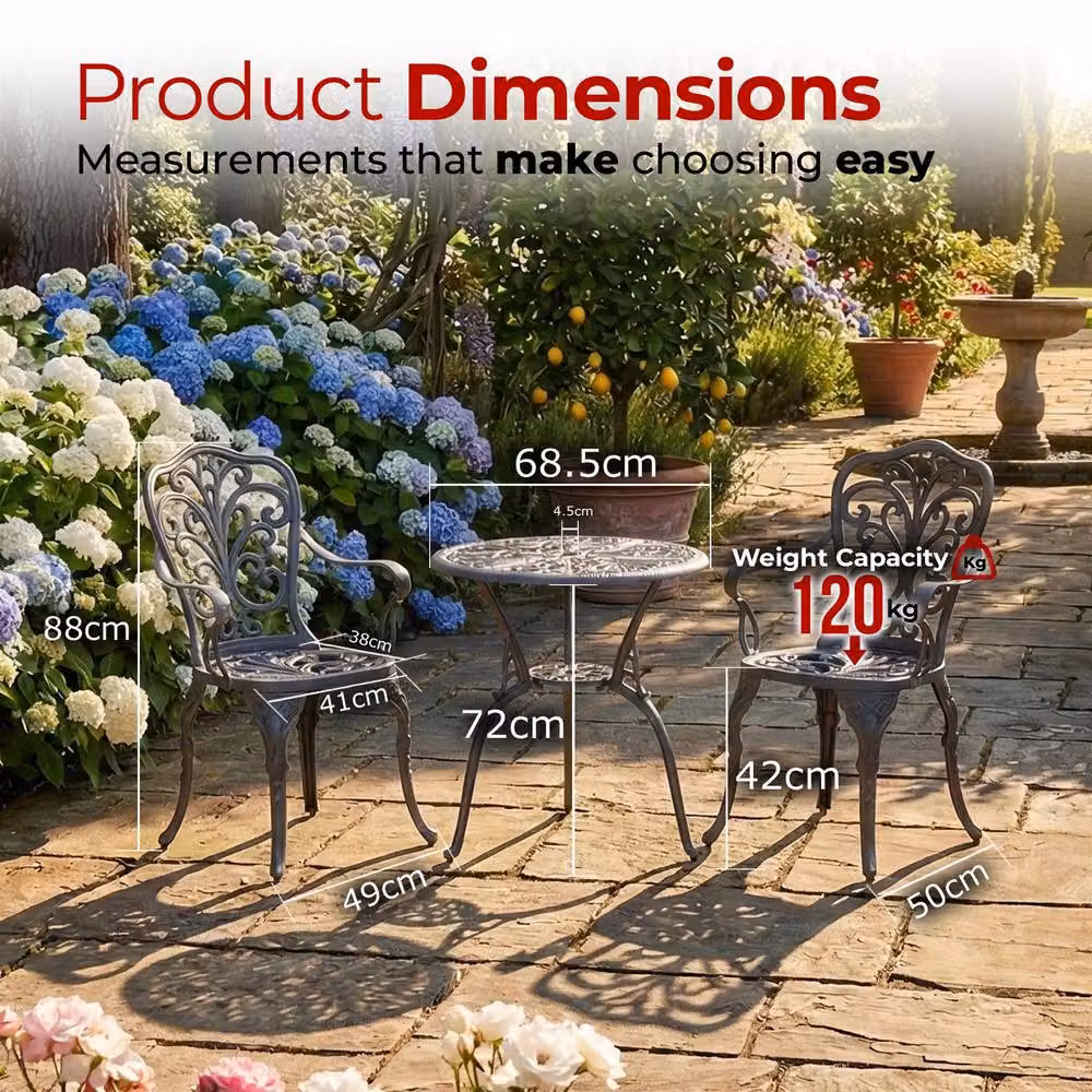 Centurion Supports BANGUI 3 Piece Cast Aluminium Garden Bistro Set in Grey with Table and 2 Chairs – 6