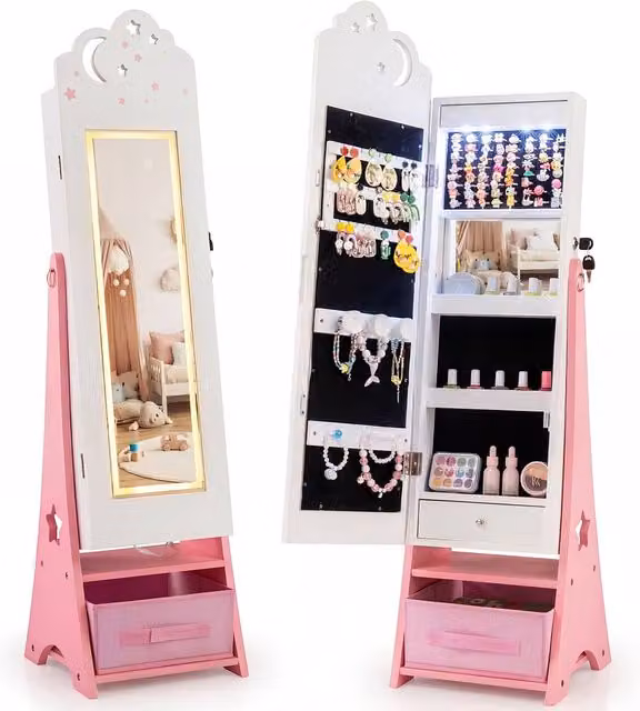 Costway Kids Jewelry Cabinet with LED Lighting and Full-Length Mirror in White
