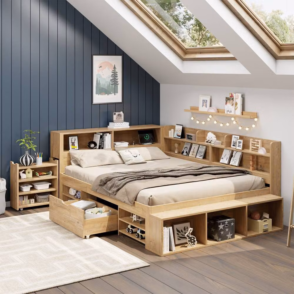STILVORA Double Bed Frame with Storage Drawers in Light Oak Effect, W: 140 cm, L: 200 cm – 2