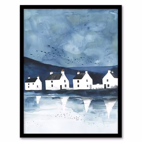 Artery8 White Fisherman Cottages Isle of Jura Scotland Framed Wall Art Print, W: 21.0 cm, H: 29.7 cm